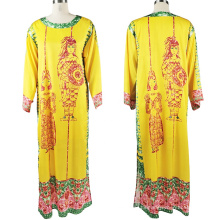 2020 Straight Printed Satin Dress Long Sleeve Yellow Muslim Islamic Dubai Dresses With Sequins For Women